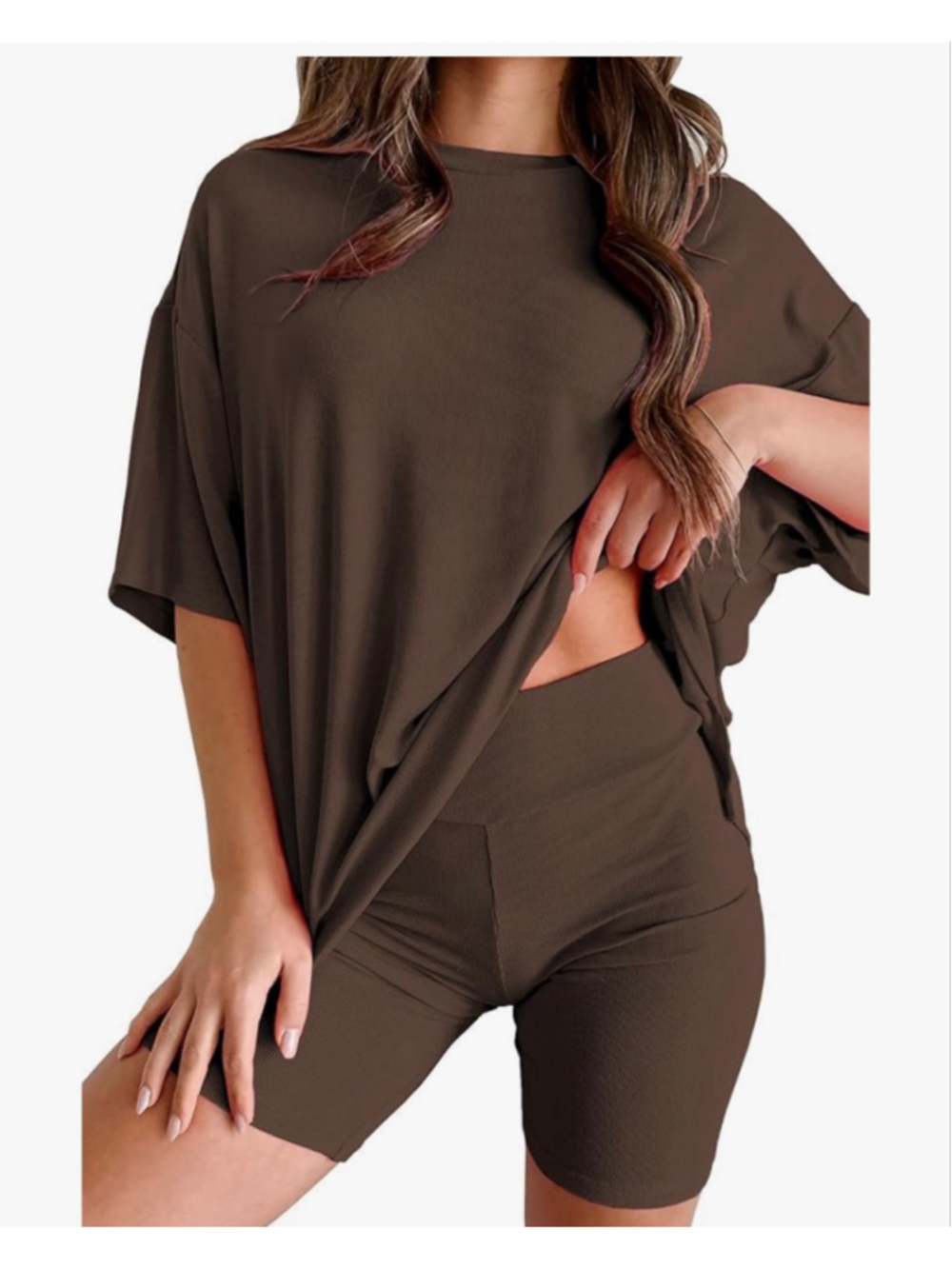 NEW 2 Pc Ribbed Lounge Set Travel Outfit Short Sleeve Oversized Tshirt Shorts S